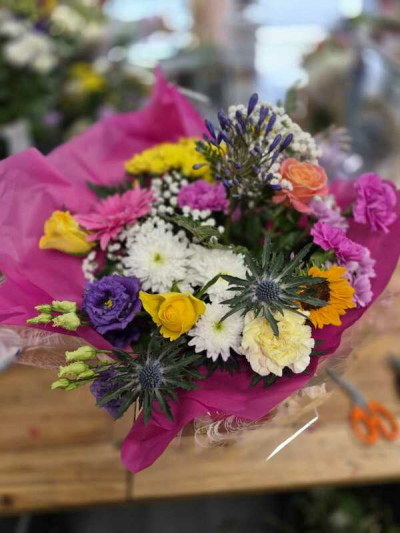 Tutti Frutti - A fun and vibrant bouquet bursting with punchy pinks, sunny yellows, crisp whites and rich purple accents.
