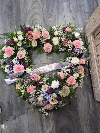 Pastel Heart - A beautiful heart wreath in soft pink, purple and cream tones, personalised in memory of a much-loved one